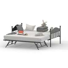 Sofá cama individual de metal con cama nido plegable, estructura de cama robusta con plataforma de listones de acero, moderno sofá cama convertible con cabecero decorativo, ideal para dormitorio, sala de estar o habitación de invitados. - Negro - Ver 2