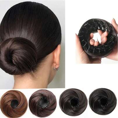 优雅女士发髻假发接发，弹力发夹合成假发，高温丝材质，适合所有发质，佩戴稳固，适合所有女性日常佩戴和聚会场合。