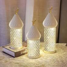 1 Metal LED Lantern Decorative Light With Intricate Hollowed-Out Patterns And Crescent Moon Decorations - Battery-Powered Desktop Home Decoration, Suitable For Weddings, Divali - Warm White Light (Excluding 3 AAA Batteries), Lantern, Lantern Decoration (Excluding Batteries) - Multicolor - View 2
