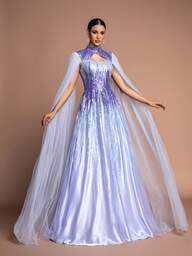 女性用エレガントなロングスパンコールチョーカーネックドレス、グラマラスなパーティーアウトフィット; ビーズケープエレガントなパーティー正式ドレス、ウェディングレセプション カクテルドレス