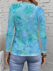 Women's Floral Print Long Sleeve T-Shirt - Vibrant Multicolor All-Over Design, Round Neck Casual Top, Machine Washable Spring/Fall Wardrobe Essential, Spring Fashion, Artistic Tee, Comfortable Fit, Print Blouse, Women - Xanh da trời - Xem 2