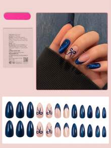 24pcs Medium Almond-Shaped Nail Stickers, Blue & White Ombre Glossy Full Coverage Minimalist Style Nail Art Set, Suitable For Women And Girls, Timeless, Easy To Apply, Summer Nails Nail Supplies - Blue - View 2
