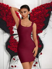 优雅粗肩带方领高腰露背短款绷带派对礼服，适合舞会、生日派对、正式晚宴、约会、返校节、婚礼宾客、鸡尾酒会、家庭聚会等场合。 - 酒紅色 - 查看 5