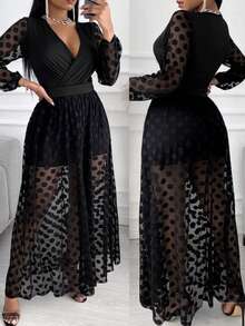 Women's Sheer Polka Dot Mesh Midi Dress, Long Sleeve Deep V-Neck, Elegant Casual Silhouette - Black - View 1