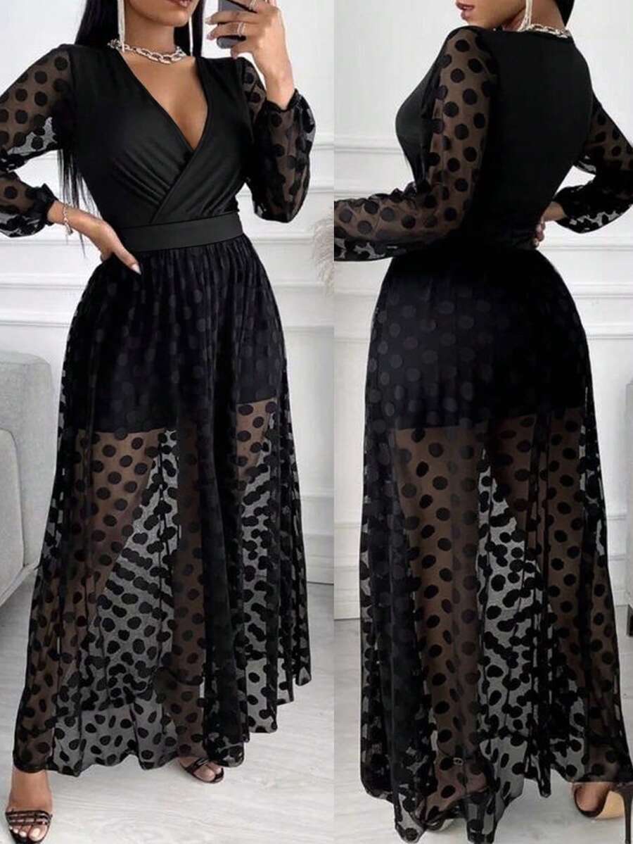 Women's Sheer Polka Dot Mesh Midi Dress, Long Sleeve Deep V-Neck, Elegant Casual Silhouette - Black - View 1