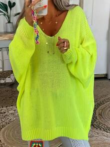 大尺碼女款優雅V領針織毛衣，柔軟寬鬆套頭衫，休閒半正式，適中厚度舒適穿著，早春百搭純色羅紋長袖V領居家毛衣 - 黃色 - 查看 5