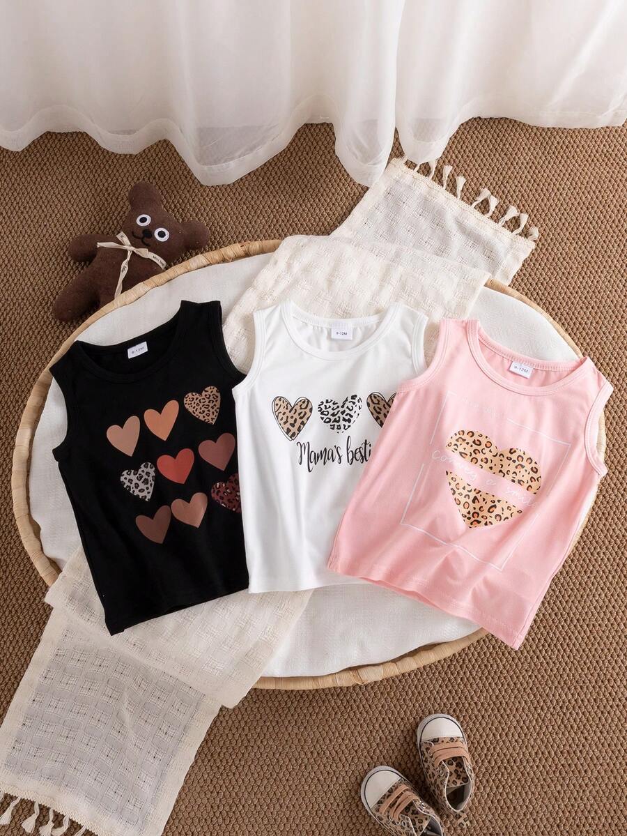 3pcs/Set Kaos Tanpa Lengan Kasual Motif Hati untuk Bayi Perempuan, Cocok untuk Bepergian dan Jalan-jalan di Musim Panas - Berwarna merah muda - View 1