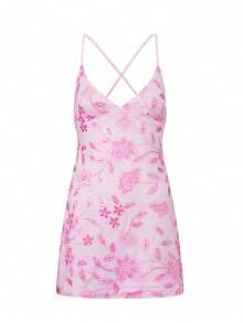 Women Slip Dress, Spaghetti Straps Backless Sequined Flower Slim Fit Summer Mini Dress For Club Party - Pink - View 1