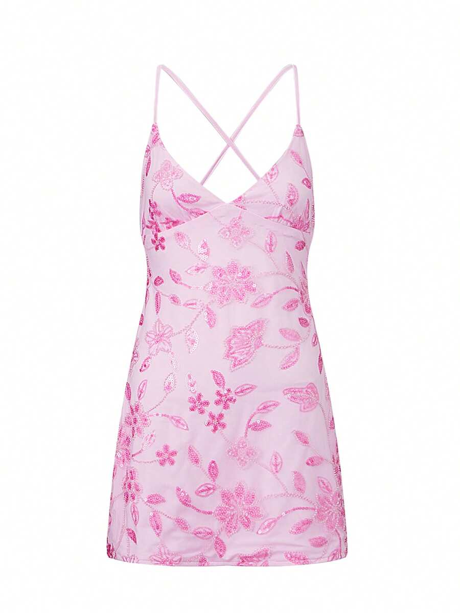 Women Slip Dress, Spaghetti Straps Backless Sequined Flower Slim Fit Summer Mini Dress For Club Party - Pink - View 1
