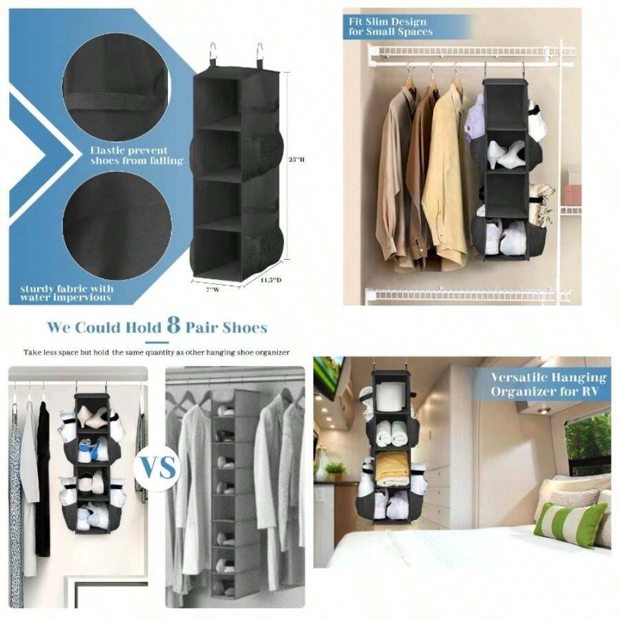 Short Hanging Shoe Organizer Closet Storage With Mesh Side Pockets Holds 8 Pairs, Hanging Shoe Rack Hanger RV, - 25'' + Black - View 1