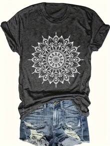 Women's Mandala Print Casual T-Shirt - Soft Fabric, Quick-Dry & Machine Washable, Slightly Stretchy Round Neck Short Sleeve Top For Spring/Summer, Durable Casual Attire, Spring Summer Apparel, Nontransparent Material - Màu xám đen - Xem 4