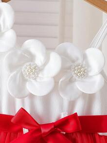 BASUSARRI 女童无袖连衣裙，半袖荷叶边，网纱裙摆，时尚百搭的夏季公主裙 - 紅色 - 查看 5