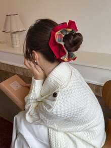 Korean Style Red & Blue Plaid Double-Layer Scrunchie, High Elasticity Hair Tie, Winter New Ponytail Hair Accessory ,Scrunchy