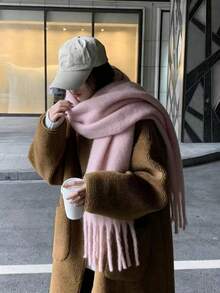 女士秋冬毛绒流苏围巾（1条），保暖舒适大披肩，冬季围巾，户外防风披肩，简约百搭，适合日常穿着 - 粉色 - 查看 3