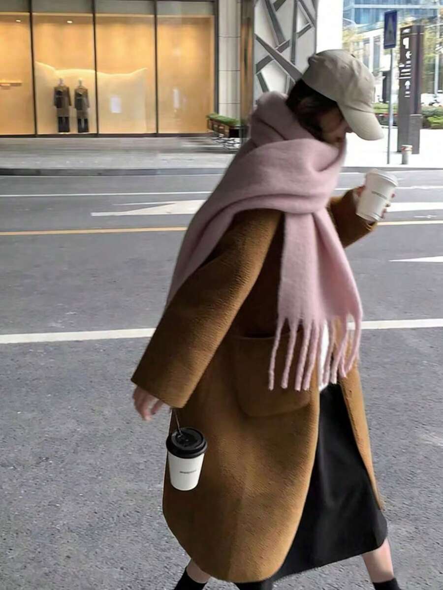 女士秋冬毛绒流苏围巾（1条），保暖舒适大披肩，冬季围巾，户外防风披肩，简约百搭，适合日常穿着 - 粉色 - 查看 1