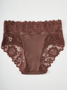 1条咖啡色高腰蕾丝细节中弹休闲内裤，女士款 - 咖啡棕 - 查看 2