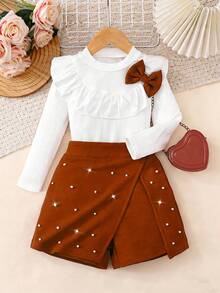 2pcs/Set Young Girls Casual White Long Sleeve Top And Red Beaded Skirt Pants Set, Suitable For Party, Leisure, Vacation And Daily Wear, Spring/Autumn - Brown - View 1