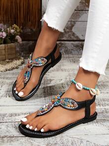 Women's Beaded Rhinestone Flat Sandals, Black, Bohemian Beach Travel Holiday Shoes - Black - View 5