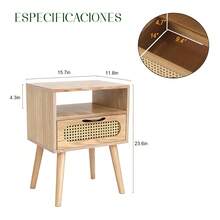 Buró Mesa De Noche Para Recámara Con Estante Y Cajón En Ratán Natural Color Madera Clara Café, Buró Multifuncional para Dormitorio y Sala de Estar - Marrón - Ver 3