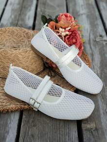 1双女士透气网格设计方头平底玛丽珍鞋 | 优雅舒适的休闲鞋 | 适合度假和芭蕾舞表演 - 白色 - 查看 1