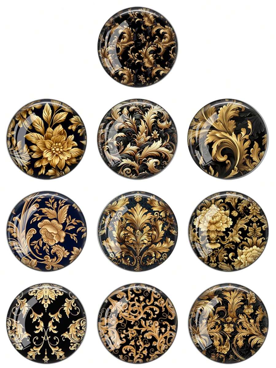 时尚金色黑色花朵 12mm/20mm/25mm 圆形照片玻璃凸面宝石演示 平底制作配件