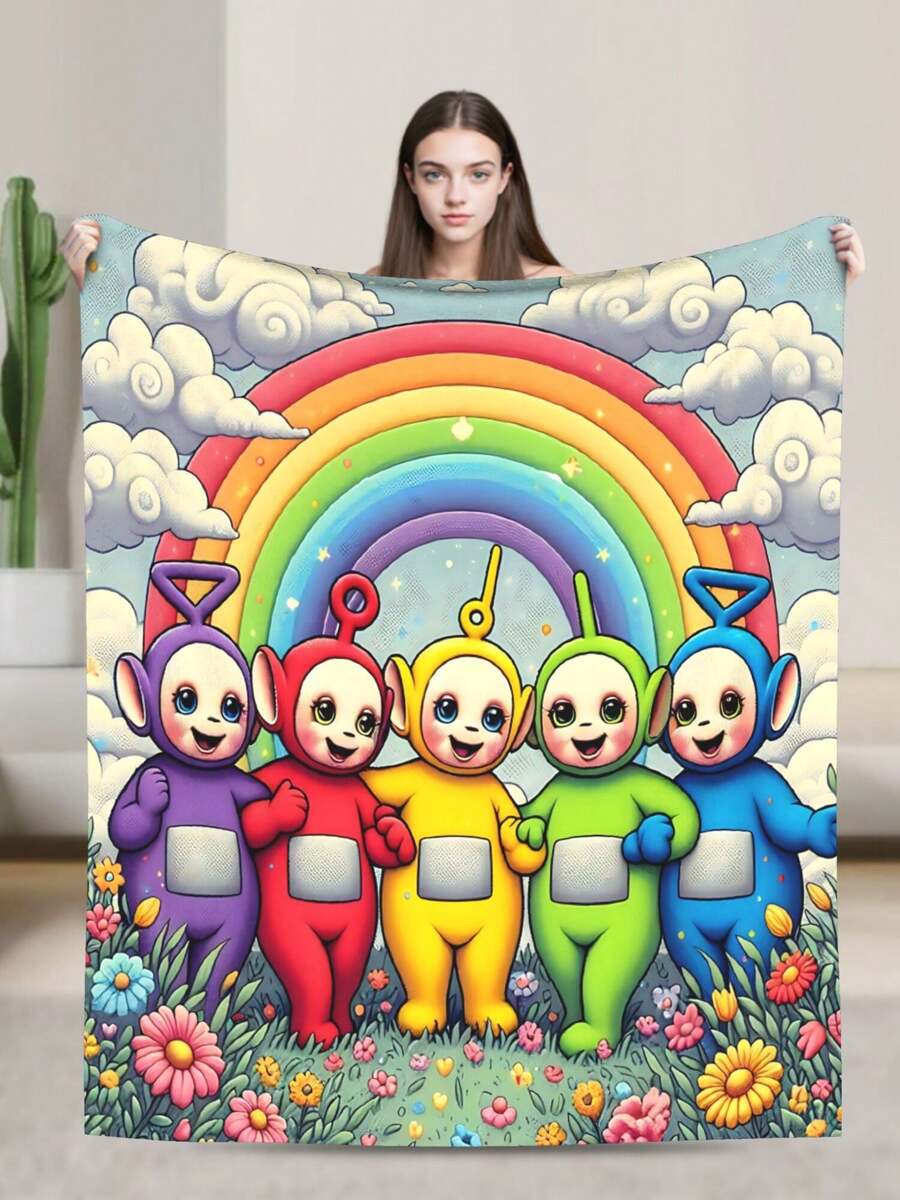 1pcs Soft Personalised Tele Tubbies Flannel Thick Blanket, Suitable For Sofa, Bed, Living Room, Travel, Office, Shawl, Nap Blanket, Air Conditioning Blanket, Bed Sheet, Camping, Ideal Gift, Daily Gift - 黑色 - 查看 1