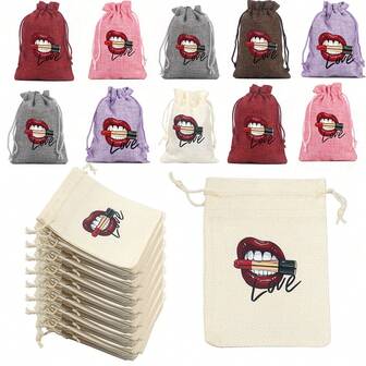 Multi-Color Polyester Valentine's Day Main Picture Red Lip Pattern Drawstring Gift Bag, Wedding Anniversary Gift Bag, Used For DIY Gift Storage Surprise Gift Bag, Wedding Party Vacation Valentine's Day Mother's Day Christmas Birthday Gift D