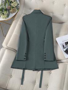 Brown Lace-Up Double-Breasted Women's Suit Jacket, Mid-Length Slim Fit Commuter Coat, Crisp Drapey Fabric, Elegant Casual Outerwear For Women Aged 25-45 - Dusty Blue - View 3