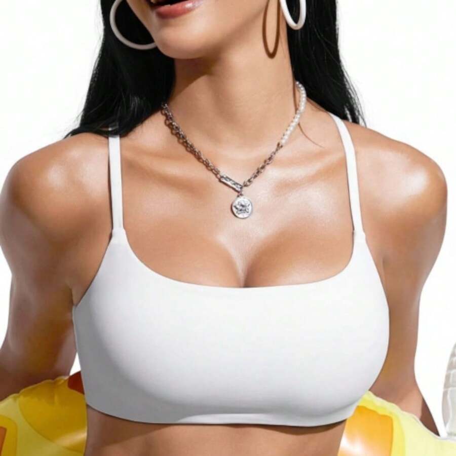Gym Top Double Band With Removable Pad Thin Strap Zero Transparency Fashion Colors - 白色 - 查看 1