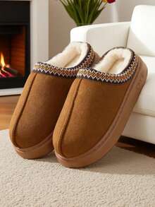 New Autumn And Winter Holiday Multi-Color Options Of Lace Women's Slippers, Fleece Thickened, Anti-Slip And Warm, Fashionable And Simple Women's Indoor Home Slippers, Large-Sized Indoor And Outdoor Bedroom And Study Slippers - Brown - View 1