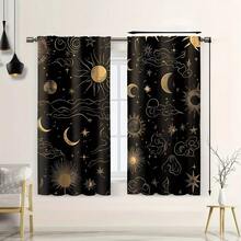 Stars, Moon, And Sun Print Blackout Curtains - Starry Night Design With Golden Stars, Peach Skin Curtains, Single-Sided Printed, Rod Pocket Style For Living Room, Bedroom, Kitchen, Cafe - Enhances Natural Light & Adds Elegance, Elegant Window Treatment, Home Decor And Accessories (Rod Not Included) - 款式 1(2 片) - 查看 1