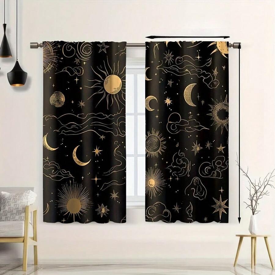 Stars, Moon, And Sun Print Blackout Curtains - Starry Night Design With Golden Stars, Peach Skin Curtains, Single-Sided Printed, Rod Pocket Style For Living Room, Bedroom, Kitchen, Cafe - Enhances Natural Light & Adds Elegance, Elegant Window Treatment, Home Decor And Accessories (Rod Not Included) - 款式 1(2 片) - 查看 1