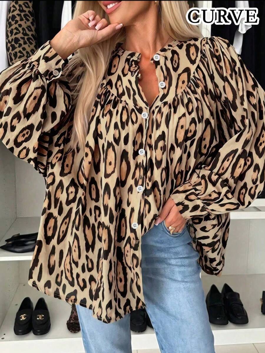Plus Women's Leopard Pattern Front Button Long Sleeve Shirt - Brown - View 1