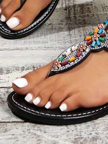 Women's Beaded Rhinestone Flat Sandals, Black, Bohemian Beach Travel Holiday Shoes - Black - View 7
