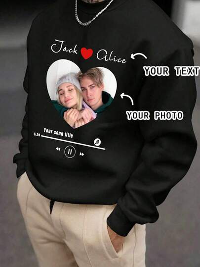 Customized Valentine's Day Gift For Men's Hoodies Supports Text, Photo Printing, And Music Player Templates