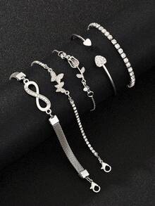 5pcs Fashionable, Simple, Delicate, Elegant Butterfly, Heart, Flower, Tulip, Water Droplet Shaped Rhinestone Encrusted, Sparkling 8-Infinity Sign Hook Bracelet And Chain Bracelet Set For Holidays, Parties, Dates, Gifts, And Daily Wear Valentines,Mom,Mother,Mother's Day,Gift - Five-piece Bracelet Set - View 9