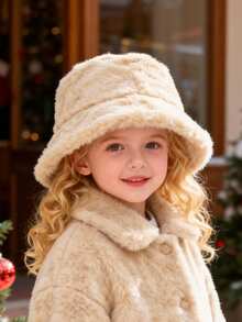 儿童冬季仿毛皮蓬松渔夫帽，卡其色宽松帽，新年礼物，儿童冬季配饰，情人节旅行户外礼物 - 彩色 - 查看 1