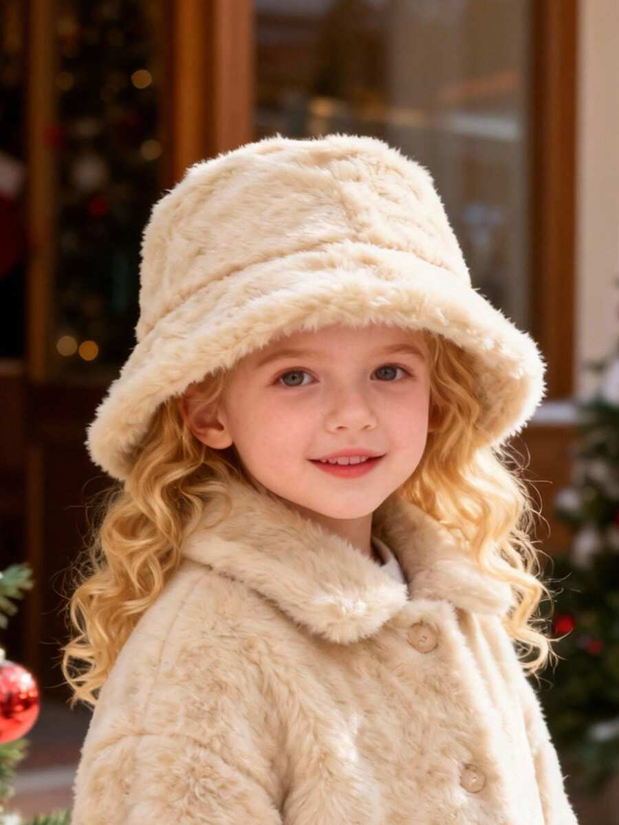 儿童冬季仿毛皮蓬松渔夫帽，卡其色宽松帽，新年礼物，儿童冬季配饰，情人节旅行户外礼物 - 彩色 - 查看 1