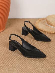 French Retro Elegant Black Pointed Toe Chunky Heel Slingback Sandals For Women, Spring/Summer - Black - View 6