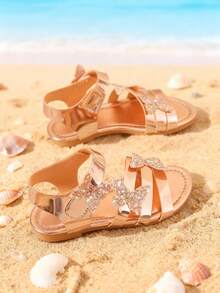 1 Pair Girls' Sandals, 3D Sparkling Rhinestone Butterfly Decor With Hook And Loop Closure, Faux Leather Material, Non-Slip And Easy On/Off, Open Toe Flat Style, Elegant And Fashionable, Suitable For Summer Beach Vacation And Strolling - Rose Gold - View 4