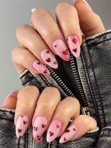 Press On Valentine's Day Fake Nails, 24 Pieces Of Almond-Shaped Gentle And Sweet Fake Nails, Red Gradient Heart Design, Glossy Finish, Full Coverage, Heart-Shaped Fake Nails, Almond-Shaped Nail Set, Nail Care Products, Nail Art, Suitable For Dates, Valentine's Day Gifts, For Daily, Dance Party, And Other Occasions To Wear! - Multicolor - View 1