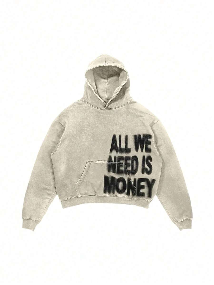 Men's Grunge Punk Pink Hoodie "ALL WE NEED IS MONEY" Letter Hoodie  Light-Colored Cropped Street Retro Hoodies Comfortable Everyday Clothing - 米色 - 查看 1
