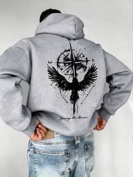 Men's Casual Mysterious Compass & Wing Print Loose Fit Drawstring Hoodie Sweatshirt, Autumn/Winter