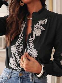 Áo sơ mi nữ dài tay cài cúc, thêu hoa, kiểu dáng thường ngày, màu đen, thích hợp cho kỳ nghỉ hè. - màu đen - Xem 4