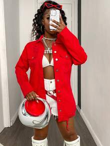 Women's Red Y2K Retro 100% Cotton Distressed Button-Front Denim Shirt Jacket – Long Sleeve Basic Versatile Spring/Summer Jacket - Red - View 3