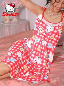 SANRIO Hello Kitty 女士红白格子蕾丝拼接吊带连衣裙，甜美可爱睡衣，家居服 - 紅白色 - 查看 5