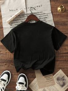 Tween Girls' Casual Apricot Colored Graphic Print Round Neck Short Sleeve T-Shirt, Summer Top - Black - View 3