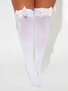 一双性感过膝长筒袜，饰有黑白蝴蝶结。时尚百搭，完美适用于情人节、圣诞派对装饰、舞台表演、角色扮演、各种活动和派对。Y2K风格，舒适保暖。 - 多色 - 查看 5