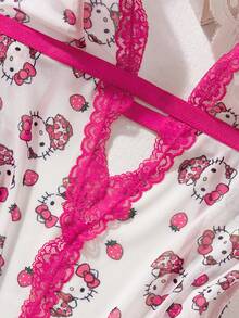 SANRIO 2件套  玫瑰粉白草莓印花薄纱蕾丝拼接浪漫约会连衣裙，性感内衣睡衣套装（女士款） - 玫紅色 - 查看 4