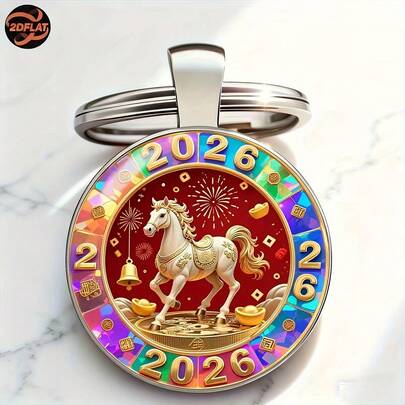 2D平面设计，2026马年生肖钥匙扣 - 耐用合金马形吊坠，带有汉字，男女皆宜的吉祥礼物，适合包包装饰、日常使用、生日和中国新年礼物，2D平面设计
